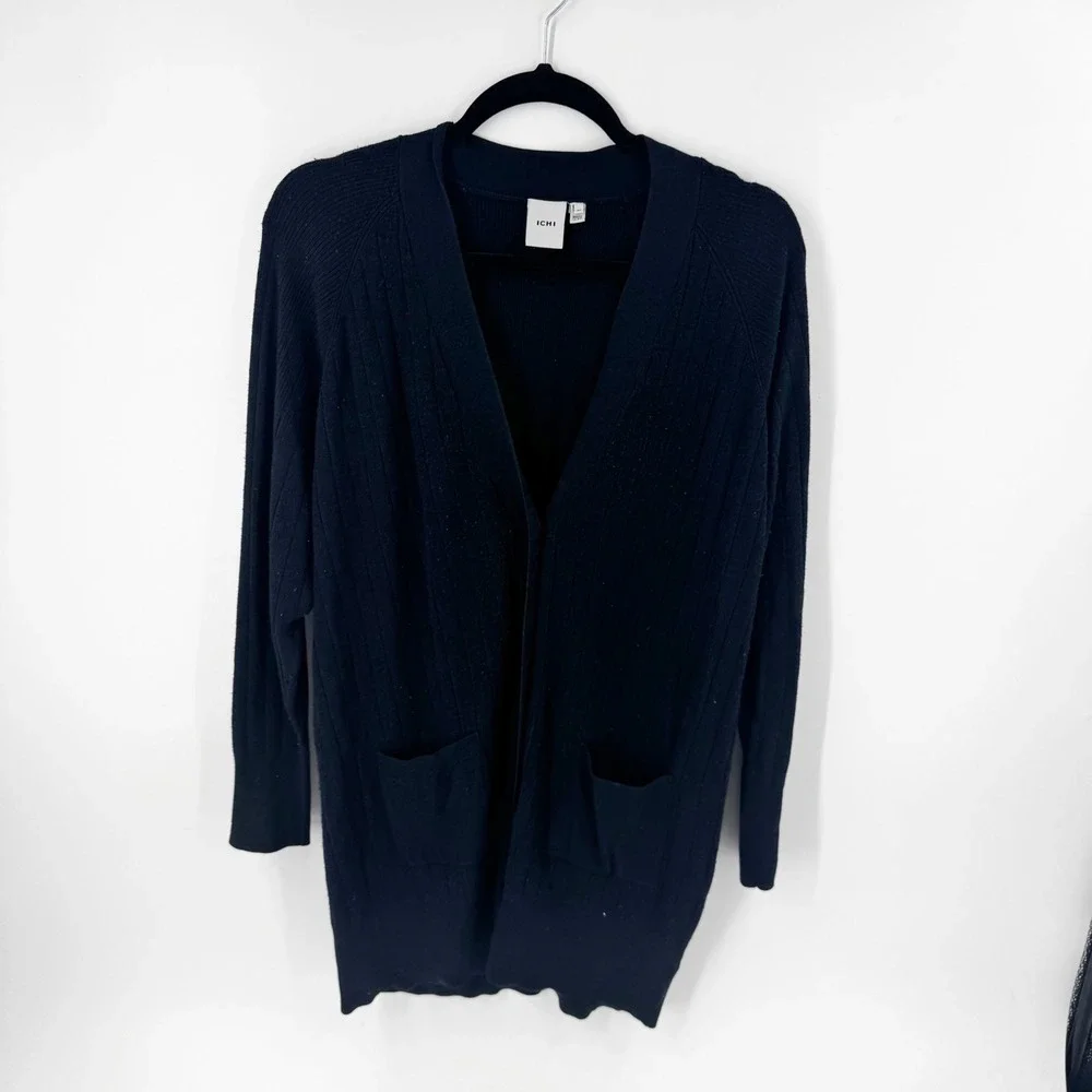 ICHI Womens Ribbed Knit Longline Cardigan Sweater Black Button Front Size Medium
